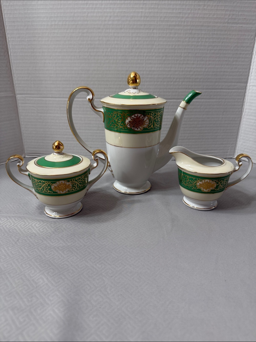 Vintage Albion China Porcelain Coffee/Tea 3 Pc Service Emerald Green Gold Japan